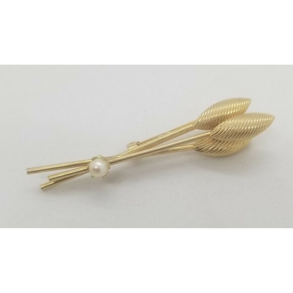 Cattails Brooch Gold Tone Faux Pearl Wheat Sheaf Pin Autumn Fall Costume Jewelry - Picture 2 of 4